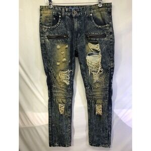 Trillnation Pants Adult 34x32 Blue Denim Distressed Punk Acid Wash Jean Men Zip